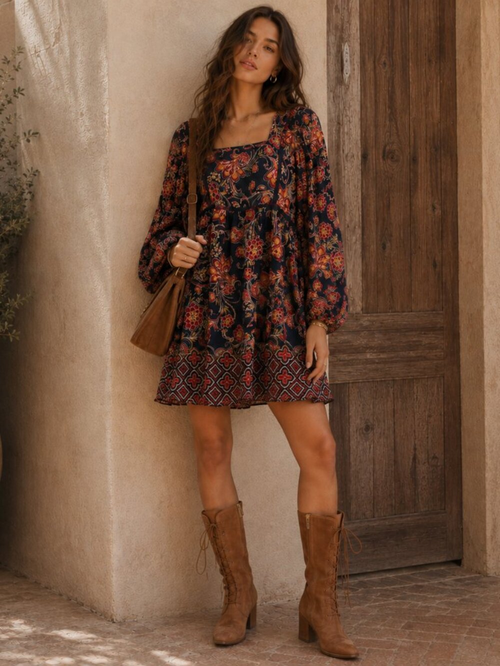 Red Camel Boho XLDress Smocked Shoulder Floral Navy Long Sleeve Peasant Festival